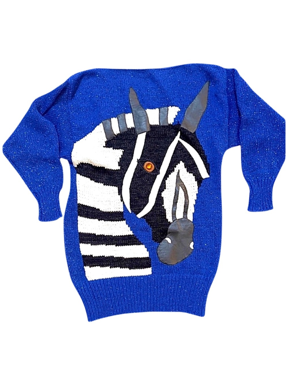 VINTAGE Sparkling Royal Blue Chunky Knit Zebra Appliqué Sweater‎